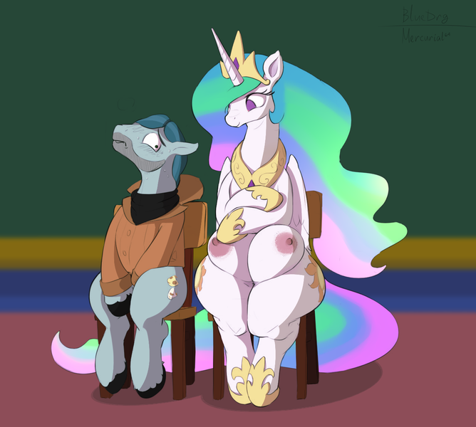 Size: 1280x1149 | Tagged: questionable, artist:bluedrg19, artist:mercurial64, color edit, derpibooru import, edit, on stage, princess celestia, alicorn, earth pony, pony, horse play, bad poker face, beard, chair, clothes, colored, crotchboobs, crown, eyes on the prize, facial hair, female, hiding erection, hoof shoes, horseshoes, implied erection, implied flashing, impossibly large crotchboobs, jewelry, lip bite, male, mare, nipples, nudity, peytral, regalia, she knows, sitlestia, sitting, stallion, sweat, unshorn fetlocks, wide eyes