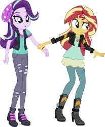 Size: 1638x1980 | Tagged: safe, artist:davidsfire, derpibooru import, starlight glimmer, sunset shimmer, equestria girls, mirror magic, spoiler:eqg specials, beanie, boots, clothes, female, geode of empathy, hat, high heel boots, open mouth, pants, shirt, shoes, simple background, transparent background, vector, vest, watch, wristwatch