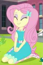 Size: 337x508 | Tagged: safe, derpibooru import, screencap, fluttershy, equestria girls, equestria girls series, the finals countdown, cropped, cute, eyes closed, geode of fauna, shyabetes, smiling, solo