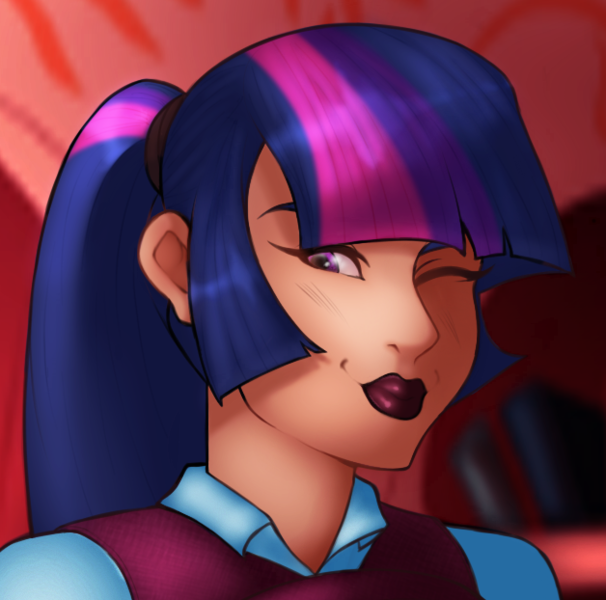 Size: 628x622 | Tagged: artist:antelon, artist:madara, clothes, derpibooru import, female, human, humanized, lipstick, looking at you, one eye closed, ponytail, safe, school uniform, smiling, solo, twilight sparkle, wink