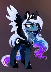 Size: 1042x1460 | Tagged: safe, artist:magnaluna, derpibooru import, princess luna, alicorn, zefiros codex, alternate hairstyle, alternate universe, armor, beautiful, body markings, chest fluff, colored wings, colored wingtips, crown, ear fluff, ethereal mane, flowing mane, jewelry, regalia, solo