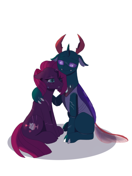 Size: 3024x4032 | Tagged: safe, artist:fallenangel5414, derpibooru import, fizzlepop berrytwist, pharynx, tempest shadow, changedling, changeling, broken horn, crack shipping, description is relevant, female, hug, male, mare, pregnant, prince pharynx, shipping, simple background, story included, straight, tempynx, transparent background