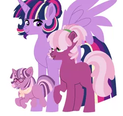 Size: 1000x940 | Tagged: safe, artist:rosebuddity, derpibooru import, cheerilee, twilight sparkle, twilight sparkle (alicorn), oc, oc:lilac radiance, alicorn, earth pony, pony, unicorn, cheerilight, family, female, filly, glasses, height difference, lesbian, magical lesbian spawn, mare, missing cutie mark, offspring, parent:cheerilee, parent:twilight sparkle, parents:cheerilight, shipping, simple background, white background