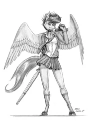 Size: 1060x1375 | Tagged: anthro, artist:baron engel, clothes, derpibooru import, grayscale, legs, miniskirt, monochrome, older, older scootaloo, pencil drawing, pleated skirt, safe, school uniform, scootaloo, shinai, shoes, simple background, skirt, skirtaloo, skirt lift, socks, solo, sword, thighs, traditional art, unguligrade anthro, weapon, white background