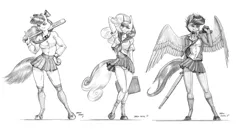Size: 2663x1375 | Tagged: suggestive, artist:baron engel, derpibooru import, apple bloom, scootaloo, sweetie belle, anthro, unguligrade anthro, unicorn, alternate hairstyle, baseball bat, bow, breasts, clothes, cute, cutie mark crusaders, female, grayscale, hair bow, legs, looking at you, mare, miniskirt, moe, monochrome, older, older apple bloom, older scootaloo, older sweetie belle, panties, pencil drawing, pleated skirt, school uniform, shinai, shoes, simple background, sketch, skirt, skirt lift, skirtaloo, smiling, socks, sword, thighs, traditional art, trio, underwear, upskirt, weapon, white background