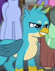 Size: 466x604 | Tagged: safe, derpibooru import, screencap, gallus, november rain, yona, gryphon, a rockhoof and a hard place, beak, cropped, cute, evil grin, friendship student, gallabetes, grin, male, smiling, solo focus, wings