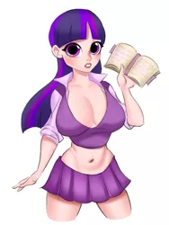 Size: 525x700 | Tagged: artist:yasuokakitsune, belly button, big breasts, big eyes, book, braless, breasts, busty twilight sparkle, clothes, cute, derpibooru import, face of mercy, female, huge breasts, human, humanized, looking at you, midriff, miniskirt, no eyebrows, pleated skirt, shy, skirt, solo, stare, suggestive, thighs, twilight sparkle