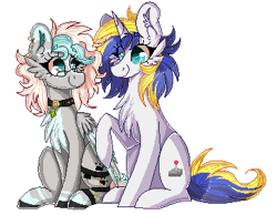 Size: 360x280 | Tagged: safe, artist:woonborg, derpibooru import, oc, oc:double play, oc:wulfie shy, unofficial characters only, pegasus, pony, unicorn, :p, animated, boop, chest fluff, commission, digital art, duo, ear fluff, female, glasses, happy, jewelry, looking at each other, mare, necklace, pixel art, silly, simple background, sitting, smiling, tongue out, transparent background