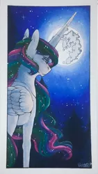 Size: 722x1280 | Tagged: artist:nightmare-moons-throneroom, beautiful, derpibooru import, implied princess luna, mare in the moon, moon, night, princess celestia, sad, safe, scenery, solo, stars, traditional art, tree