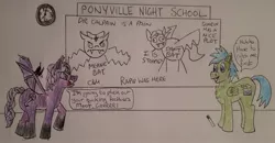 Size: 1986x1032 | Tagged: safe, artist:rapidsnap, derpibooru import, oc, oc:amethyst shade, oc:rapidsnap, unofficial characters only, bat pony, angry, chest fluff, clock, graffiti, night school, school, traditional art, whiteboard