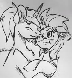 Size: 1071x1162 | Tagged: artist:smirk, blushing, couple, derpibooru import, female, hug, male, monochrome, nuzzling, oc, oc:artillery fire, oc:coppercore, oc x oc, safe, shipping, straight, traditional art, unofficial characters only