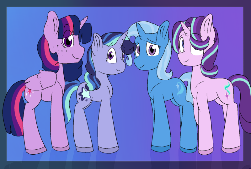 Size: 1868x1264 | Tagged: safe, artist:romans-nerd-art, derpibooru import, starlight glimmer, trixie, twilight sparkle, twilight sparkle (alicorn), alicorn, family, female, lesbian, magical lesbian spawn, offspring, parent:starlight glimmer, parent:trixie, parent:twilight sparkle, parents:startrix, parents:twistarlight, parents:twixie, parents:twixstar, shipping, startrix, twistarlight, twixie, twixstar