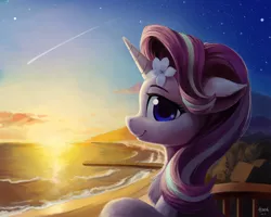 Size: 5000x4000 | Tagged: safe, artist:draconidsmxz, derpibooru import, starlight glimmer, pony, unicorn, absurd resolution, balcony, beach, beautiful, bust, chest fluff, cute, ear fluff, female, floppy ears, flower, flower in hair, glimmerbetes, hibiscus, horn, looking at you, mare, pier, portrait, profile, shooting star, smiling, solo, stars, sunset, sweet dreams fuel