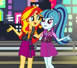 Size: 984x864 | Tagged: safe, artist:3d4d, artist:punzil504, artist:seahawk270, derpibooru import, sonata dusk, sunset shimmer, equestria girls, equestria girls series, rainbow rocks, clothes, duo, female, gem, geode of empathy, jacket, looking at each other, magical geodes, siren gem, vector