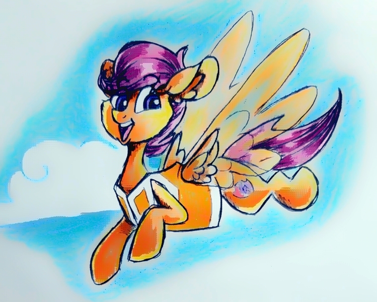 Size: 1023x820 | Tagged: artist:smirk, clothes, cover art, derpibooru import, fanfic art, flying, safe, scootaloo, traditional art, vest