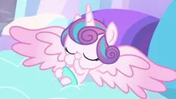 Size: 1280x720 | Tagged: safe, derpibooru import, screencap, princess flurry heart, alicorn, pony, the crystalling, baby, baby pony, bed, cuddly, cute, cuteness overload, cutest pony alive, cutest pony ever, daaaaaaaaaaaw, diaper, eyes closed, flurrybetes, hoof sucking, hugable, pillow, solo, spread wings, weapons-grade cute, wings