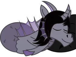 Size: 1600x1200 | Tagged: safe, artist:toyminator900, derpibooru import, ponified:kellin quinn, siren, cloven hooves, curved horn, fangs, fish tail, grin, hair over one eye, horn, looking at you, male, open mouth, pillow, simple background, sleeping, sleeping with sirens, slit eyes, smiling, solo, teeth, tongue out, transparent background, true form