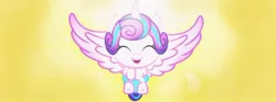 Size: 700x259 | Tagged: backlighting, cooing, cute, dawwww, derpibooru import, diaper, eyes closed, flurrybetes, glow, happy, large wings, open mouth, princess flurry heart, safe, screencap, solo, spread wings, the crystalling, wings