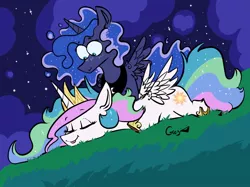 Size: 1280x956 | Tagged: safe, artist:greyscaleart, derpibooru import, princess celestia, princess luna, alicorn, constellation freckles, ethereal mane, female, freckles, grass, majestic as fuck, mare, night, royal sisters, siblings, sisters, sleeping, spread wings, starry mane, tongue out, wings