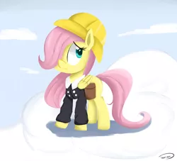 Size: 2092x1899 | Tagged: safe, artist:taurson, derpibooru import, fluttershy, pegasus, pony, atg 2018, clothes, cloud, female, filly, folded wings, hair over one eye, hat, kindergarten uniform, looking away, mare, nervous, newbie artist training grounds, saddle bag, wavy mouth, younger