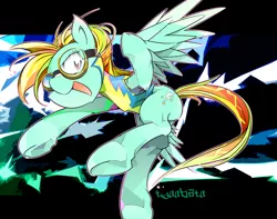 Size: 1600x1262 | Tagged: safe, artist:tyuubatu, derpibooru import, lightning dust, pegasus, pony, clothes, female, goggles, mare, open mouth, solo, underhoof, uniform, wonderbolts uniform