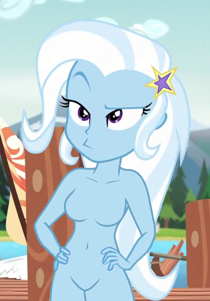 Size: 460x660 | Tagged: questionable, derpibooru import, edit, edited edit, edited screencap, editor:ah96, screencap, trixie, equestria girls, legend of everfree, barbie doll anatomy, belly button, breasts, camp everfree, casual nudity, featureless breasts, featureless crotch, female, nudity, solo, solo female