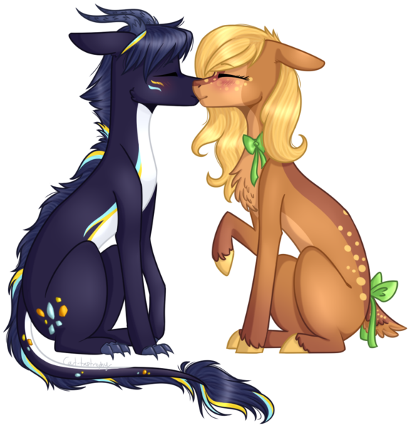 Size: 985x1023 | Tagged: artist:sychia, blushing, commission, couple, deer pony, derpibooru import, dracony, eyes closed, female, gift art, hybrid, kissing, male, mare, oc, oc:azurite, oc:olive branch, oc x oc, olite, original species, safe, shipping, simple background, stallion, straight, transparent background, unofficial characters only