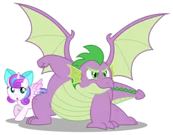 Size: 1600x1250 | Tagged: safe, artist:aleximusprime, derpibooru import, princess flurry heart, spike, alicorn, dragon, pony, flurry heart's story, bow, chubby, cute, fat, fat spike, female, filly, older, older flurry heart, older spike, plump, protecting, simple background, superhero landing, transparent background, vector, winged spike