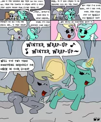 Size: 1000x1200 | Tagged: safe, artist:bjdazzle, derpibooru import, derpy hooves, lyra heartstrings, pegasus, pony, unicorn, comic:accidental transit guardians, winter wrap up, atg 2018, bouncing, box, celebration, chibi, cold, comic, excited, female, happy, icicle, levitation, magic, mare, newbie artist training grounds, offscreen character, package, pronking, shivering, singing, snow, squint, telekinesis, visible breath