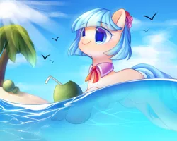 Size: 2500x2000 | Tagged: safe, artist:leafywind, derpibooru import, coco pommel, bird, earth pony, pony, beach, blushing, clothes, cloud, cocobetes, coconut, cute, drink, female, flower, flower in hair, food, fruit, mare, missing cutie mark, necktie, palm tree, sand, sky, smiling, solo, starry eyes, stars, straw, swimming, tree, water, wingding eyes