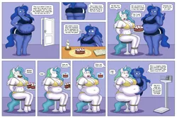 Size: 6600x4400 | Tagged: absurd resolution, anthro, artist:lordstormcaller, belly, belly button, big belly, bikini, bondage, booty shorts, breasts, busty princess celestia, cake, cakelestia, chubbylestia, clothes, derpibooru import, dialogue, dorian gray, fat, food, force feeding, obese, princess celestia, princess luna, princess moonpig, series:the royal sisters saga, suggestive, sweat, swimsuit, tied up, unguligrade anthro, weight gain