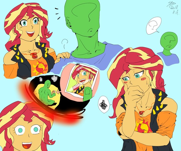 Size: 1200x1000 | Tagged: questionable, artist:sozglitch, derpibooru import, sunset shimmer, oc, oc:anon, equestria girls, blushing, clothed female nude male, female, implied masturbation, male, masturbation