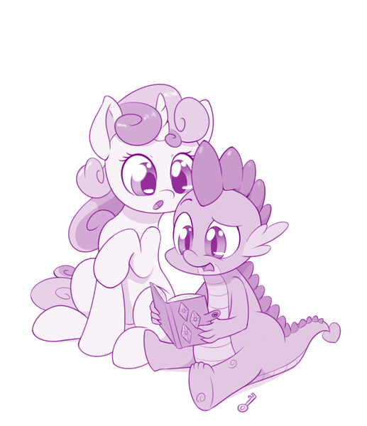 Size: 800x929 | Tagged: safe, artist:dstears, derpibooru import, spike, sweetie belle, dragon, pony, unicorn, diary, duo, female, filly, implied rarity, male, monochrome, newbie artist training grounds, purple, simple background, this will end in death, this will end in tears and/or death, white background