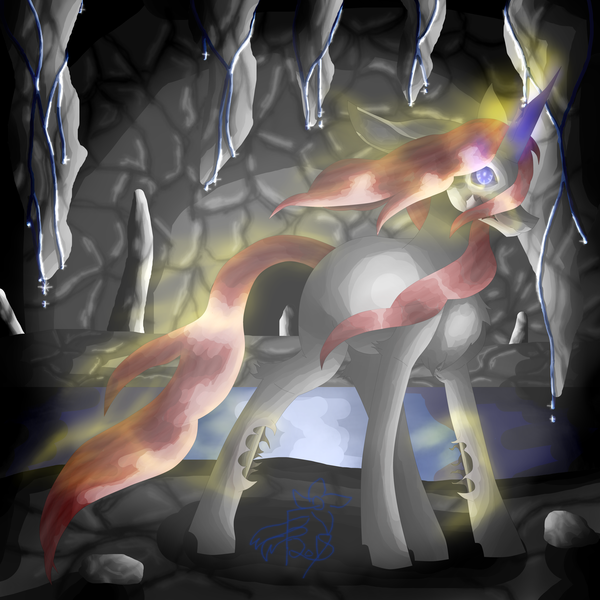 Size: 5800x5800 | Tagged: absurd resolution, artist:florarena-kitasatina/dragonborne fox, bone, broken horn, cavern, cel shading, dat mane tho, derpibooru import, disguise, disguised changeling, female, first person light source, floppy ears, flowing mane, glamour failure, glasgow smile, glow, glowing eyes, glowing eyes of doom, how even, magic, magic dust, mare, oc, oc:katie rubywing, open wounds, pebbles, questionable, red changeling, river, sideways glance, solo, stalactite, stalagmite, unofficial characters only, water, watermark, what a lovely pony to meet in the middle of the night, wraith