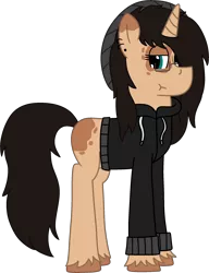 Size: 1763x2300 | Tagged: safe, artist:thefinnyfinnfinn, derpibooru import, oc, unofficial characters only, pony, unicorn, clothes, ear piercing, earring, glasses, hoodie, jewelry, piercing, simple background, solo, transparent background