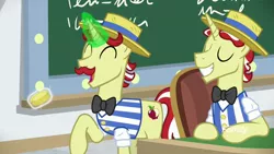 Size: 1920x1080 | Tagged: safe, derpibooru import, screencap, flam, flim, pony, friendship university, bit, coin, flim flam brothers, magic