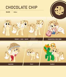 Size: 1024x1191 | Tagged: safe, artist:centchi, derpibooru import, oc, oc:bog, oc:chickpea, oc:chocolate chip, unofficial characters only, pegasus, pony, unicorn, equestria girls, cookie, deviantart watermark, female, filly, food, male, mare, obtrusive watermark, reference sheet, stallion, watermark