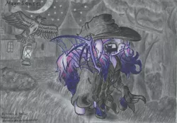 Size: 3505x2441 | Tagged: safe, artist:magnifsunspiration, derpibooru import, oc, oc:amanda de lavenderlight, unofficial characters only, bat pony, bird, crow, pony, cloak, clothes, female, glasses, hat, lantern, mare, solo, traditional art, witch hat