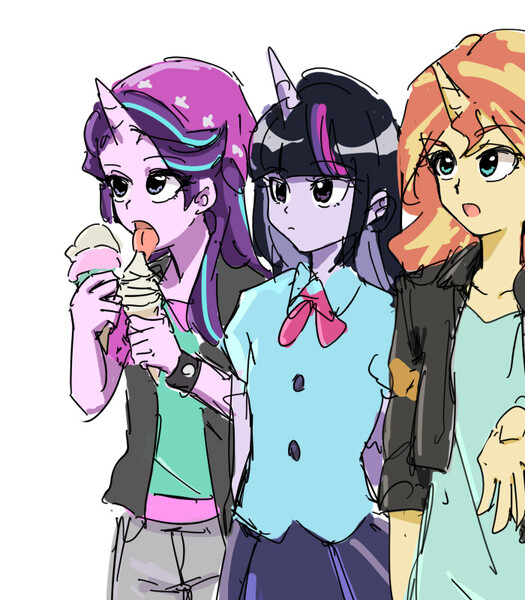 Size: 700x800 | Tagged: safe, artist:misochikin, derpibooru import, starlight glimmer, sunset shimmer, twilight sparkle, equestria girls, beanie, clothes, food, hat, horned humanization, humanized, ice cream, ice cream cone, jacket, leather, leather jacket, shirt, simple background, skirt, that human sure does love ice cream, trio, white background