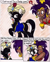 Size: 1399x1737 | Tagged: adorable distress, artist:newyorkx3, comic, crossover, cute, derpibooru import, eyes closed, female, genie, hug, male, non-consensual cuddling, oc, oc:tommy junior, safe, shantae, shantae (character), stallion, traditional art, unofficial characters only