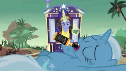 Size: 800x450 | Tagged: safe, derpibooru import, edit, edited screencap, screencap, hoo'far, trixie, pony, saddle arabian, unicorn, road to friendship, alcohol, chubby, desert, drunk, duo, exhausted, female, jack daniels, male, mare, on back, passed out, sleeping, stallion, the great and alcoholics trixie, trixie's wagon, whiskey