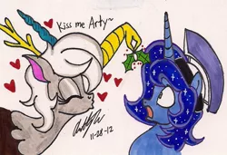 Size: 948x648 | Tagged: artemabetes, arteris, artist:newyorkx3, cute, derpibooru import, dialogue, discord, eris, eyes closed, female, heart, holly, holly mistaken for mistletoe, lunacord, male, prince artemis, princess luna, rule 63, rule63betes, safe, shipping, simple background, stallion, straight, traditional art, white background