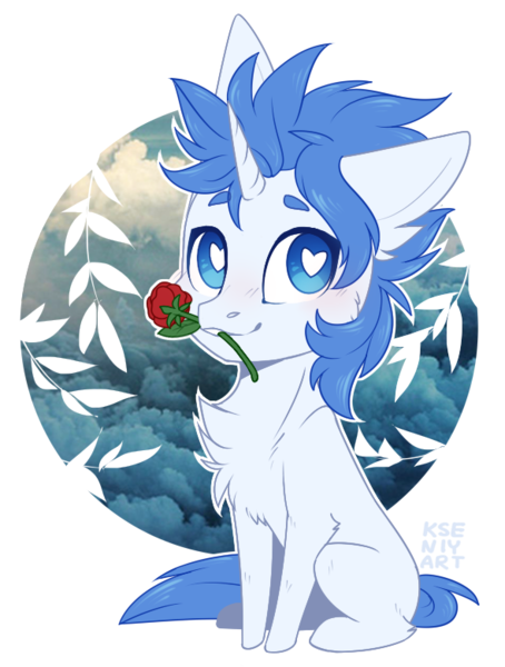 Size: 590x779 | Tagged: safe, artist:kseniyart, derpibooru import, oc, oc:mysticus, unofficial characters only, pony, unicorn, chest fluff, chibi, flower, heart eyes, male, mouth hold, rose, simple background, sitting, solo, stallion, transparent background, wingding eyes