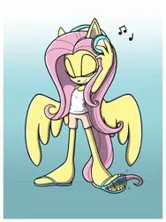 Size: 900x1200 | Tagged: anthro, artist:kimmi-sutt, clothes, derpibooru import, flip flops, flip-flops, fluttershy, foot tapping, headphones, music notes, safe, sandals, sonicified, sonic the hedgehog, sonic the hedgehog (series), tapping