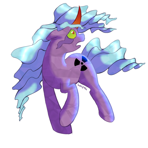 Size: 750x750 | Tagged: safe, artist:twitchygears, derpibooru import, idw, radiant hope, unicorn, alternate cutie mark, alternate universe, colored horn, crying, curved horn, dark magic, female, glowing eyes, horn, looking back, magic, mare, miss despair, radiant despair, signature, simple background, solo, sombra eyes, sombra horn, sombra's horn, transparent background, wavy hair, wavy mane, wavy tail