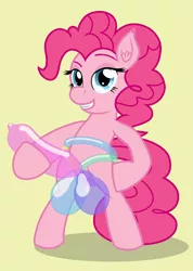 Size: 1979x2786 | Tagged: artist:cybersquirrel, balloon, balloon fetish, balloon weenie, derpibooru import, ear fluff, female, fetish, implied balls, implied futa, implied penis, improvised sex toy, looking at you, pinkie pie, raised eyebrow, simple background, smiling, solo, solo female, standing, standing up, strapon, suggestive, upright