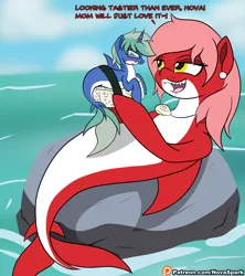 Size: 1600x1800 | Tagged: artist:novaspark, blushing, derpibooru import, dialogue, embarrassed, fangs, food, imminent vore, jewelry, oc, oc:nova spark, oc:red tide, original species, patreon, patreon logo, ponies in food, safe, shark pony, size difference, sushi, sushi pony, unofficial characters only