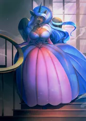 Size: 990x1400 | Tagged: alicorn, anthro, artist:bakki, big breasts, breasts, busty nightmare moon, clothes, derpibooru import, dress, female, gown, mare, nicemare moon, nightmare moon, smiling, solo, solo female, stairs, suggestive