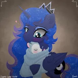 Size: 3500x3500 | Tagged: safe, artist:darkest-lunar-flower, derpibooru import, princess luna, tiberius, alicorn, pony, blushing, cheek fluff, clothes, cute, ear fluff, ethereal mane, eyes closed, female, fluffy, heart, lunabetes, mama luna, mare, sleeping, starry mane, sweater, tibblebetes, z