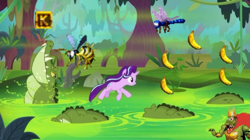 Size: 800x450 | Tagged: safe, derpibooru import, edit, edited screencap, screencap, starlight glimmer, dragonfly, pony, unicorn, wasp, road to friendship, banana, cute, donkey kong country, female, food, giant insect, king k. rool, mare, swamp